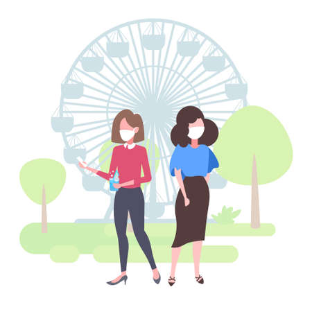 women in face masks using smartphones drinking water toxic air pollution industry smog polluted environment concept girls couple standing outdoor ferris wheel background full length vector illustrationのイラスト素材