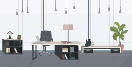 stylish workplace with laptop modern office cabinet interior empty no people room with furniture flat horizontal vector illustrationのイラスト素材