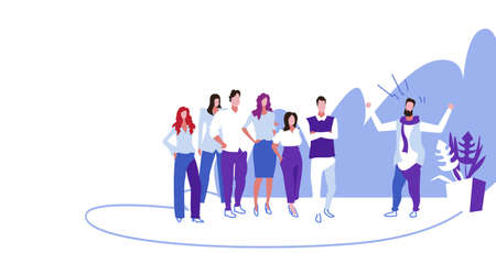 unsatisfied businessman boss screaming on frustrated workers group bad job concept angry employer shouting at employees office inteior sketch horizontal full length vector illustrationのイラスト素材