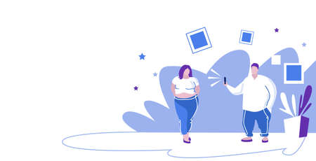 fat man using smartphone taking photo of obese overweight woman model shoot concept sketch...
