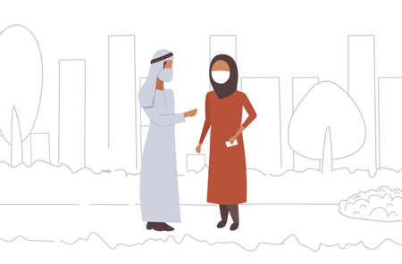 arab couple wearing face mask plant pipe dirty waste toxic air pollution industry smog polluted environment concept arabic man woman walking outdoor cityscape background full length horizontal vector illustrationのイラスト素材