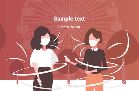 women in face masks using smartphones toxic air pollution industry smog polluted environment concept girls couple standing outdoor ferris wheel background portrait horizontal copy space vector illustrationのイラスト素材