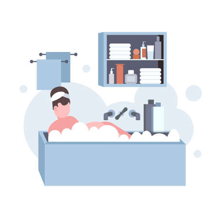 fat obese woman washing relaxing in bath with foam overweight girl lying in bathtub obesity concept modern bathroom interior flat full length vector illustrationのイラスト素材