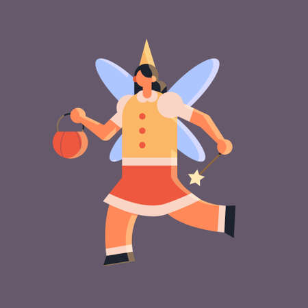 cute girl wearing fairy costume with wings woman holding magic stick and pumpkin basket happy halloween party celebration concept flat full length vector illustrationのイラスト素材