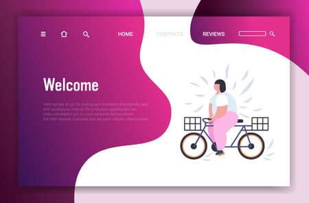 fat obese woman riding bike overweight girl cycling bicycle weight loss concept flat full length horizontal copy space vector illustrationのイラスト素材