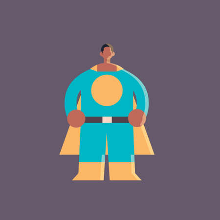 cute guy wearing super hero costume african american man in cape standing pose happy halloween party celebration concept flat full length vector illustrationのイラスト素材