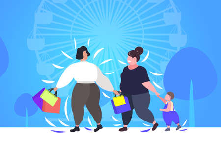 fat obese women with child holding shopping bags overweight girls walking with little boy outdoor big sale obesity concept public park ferris wheel background flat full length horizontal vector illustrationのイラスト素材