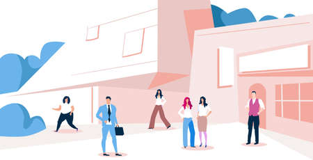 businesspeople group walking outdoors near modern business center men women in formal wear standing in area city office building exterior sketch full length horizontal vector illustrationのイラスト素材