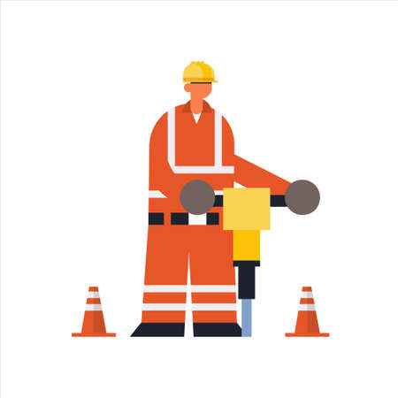 male builder drilling with jackhammer busy workman industrial construction worker in protective uniform building concept flat full length vector illustrationのイラスト素材
