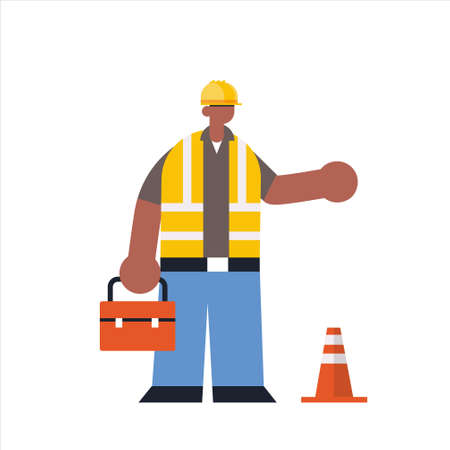 male builder holding toolbox african american busy workman standing pose industrial construction...