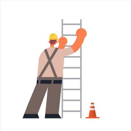 male builder climbing ladder busy workman industrial construction worker in uniform building concept rear view flat full length vector illustrationのイラスト素材