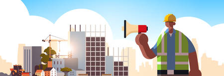 male builder holding megaphone busy workman using loudspeaker making announcement industrial worker in uniform building concept construction site background flat portrait horizontal vector illustrationのイラスト素材