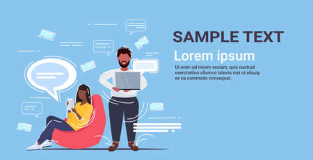 people using gadgets online application social network chatting communication concept african american man woman with chat bubble speech flat horizontal full length copy space vector illustrationのイラスト素材