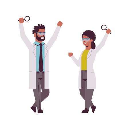 scientists couple raising hands with magnifying glass african american man woman researchers in uniform making experiment analysis in laboratory research science chemical concept full length flat vector illustrationのイラスト素材