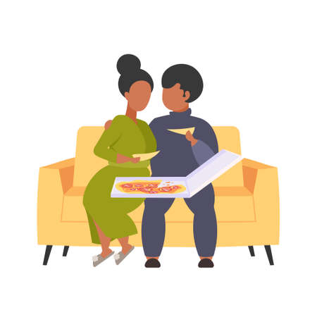 fat obese man woman sitting on couch eating pizza fast food unhealthy nutrition concept african american couple having fun relaxing on sofa flat full length vector illustrationのイラスト素材