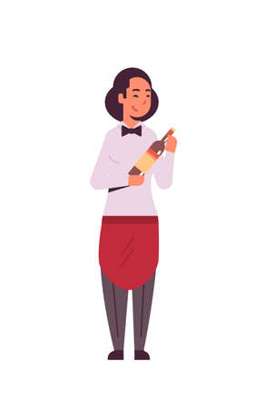 professional waitress holding bottle of wine woman restaurant worker in red apron offering alcohol drink flat full length white background vertical vector illustrationのイラスト素材