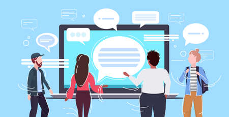 people using laptop computer messenger application chat bubble communication concept rear view men women chatting online speech conversation horizontal portrait vector illustrationのイラスト素材