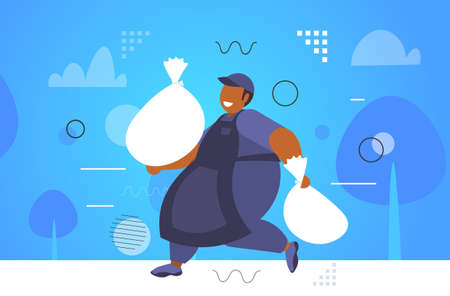 female fat street cleaner carrying garbage packages african american overweight janitor in apron...