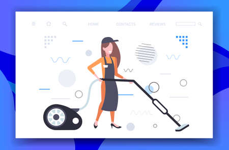 woman using vacuum cleaner female janitor in uniform vacuuming doing housework cleaning service concept horizontal full length sketch vector illustrationのイラスト素材