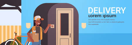 african american courier woman delivering cardboard parcel ringing house doorbell express delivery service concept horizontal full length flat copy space vector illustrationのイラスト素材