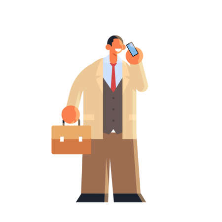 businessman talking on mobile phone business man standing with suitcase using smartphone communication concept male office worker in formal wear flat full length vector illustrationのイラスト素材