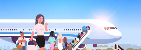 woman with luggage standing line queue of people travelers going to plane rear view passengers climb the ladder to board aircraft boarding travel concept flat horizontal vector illustrationのイラスト素材