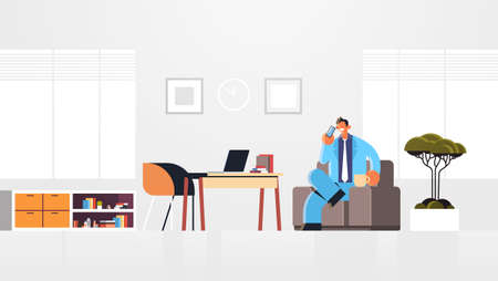 businessman talking on mobile phone happy business man sitting on armchair drinking coffee relaxation communication concept modern office interior flat full length horizontal vector illustrationのイラスト素材