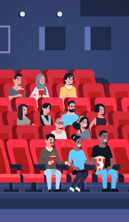 people group watching movie sitting in cinema with popcorn and cola mix race men women having fun laughing at new comedy flat full length vertical vector illustrationのイラスト素材