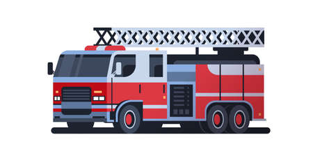 fire rescue red truck firefighting machine emergency service car extinguishing fire concept flat...