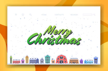 merry christmas happy new year holiday celebration greeting card cute houses snowy town on winter background copy space horizontal vector illustrationのイラスト素材