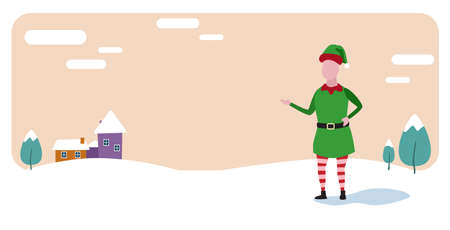 cute elf santa helper merry christmas happy new year holiday celebration concept snowy houses on winter background greeting card horizontal vector illustrationのイラスト素材
