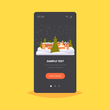merry christmas happy new year holiday celebration greeting card cute houses snowy town on winter background smartphone screen online mobile app vector illustrationのイラスト素材