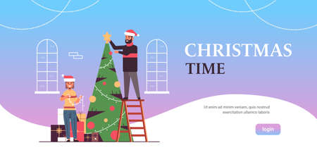 couple decorating christmass tree merry xmas happy new year holiday celebration concept man woman wearing santa hats flat full length horizontal copy space vector illustrationのイラスト素材