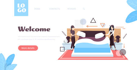 women maids setting up pillows making the bed female janitors in uniform cleaning service concept modern hotel bedroom full length sketch horizontal copy space vector illustrationのイラスト素材