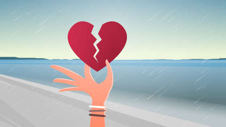 woman hand holding broken heart depression life crisis break up divorce betrayal concept sea beach seascape background flat horizontal vector illustrationのイラスト素材