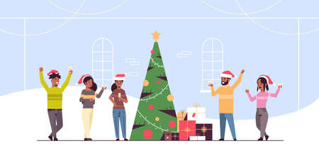 people celebrating merry christmas and happy new year holiday celebration eve party concept african american men women wearing santa hats drinking champagne flat full length horizontal vector illustrationのイラスト素材