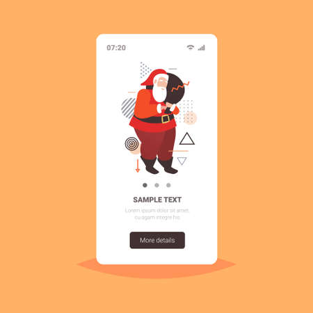 santa claus carrying big present sack merry christmas happy new year holiday celebration concept smartphone screen online mobile app vector illustrationのイラスト素材
