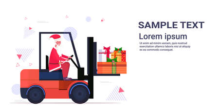 santa claus driving forklift truck loading colorful gift present boxes merry christmas happy new year holiday celebration concept horizontal copy space vector illustrationのイラスト素材