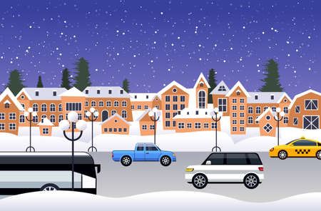 cars driving road over winter city street merry christmas happy new year holiday celebration concept snowy town snowfall background horizontal vector illustrationのイラスト素材