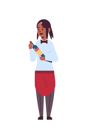 professional waitress holding bottle of wine african american woman restaurant worker in red apron offering alcohol drink flat full length white background vertical vector illustrationのイラスト素材