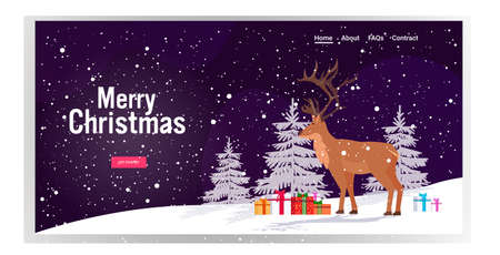 cartoon reindeer standing near gift present boxes in winter forest cute deer animal greeting card merry christmas happy new year holidays congratulation lettering horizontal copy space vector illustrationのイラスト素材