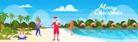 people on tropical beach new year christmas vacation holiday men women using gadgets seascape...