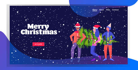 women carrying freshly cut down christmas tree winter holidays celebration concept mix race girls holding fir tree horizontal full length copy space vector illustrationのイラスト素材