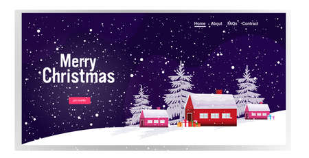 christmas winter countryside landscape with houses in pine forest postcard merry xmas happy new year holidays concept greeting card horizontal vector illustrationのイラスト素材