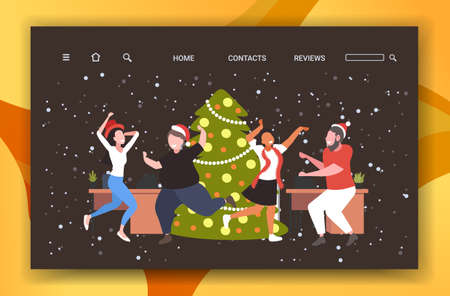 people dancing near christmas tree merry xmas happy new year holiday celebration concept coworkers having fun corporate party modern office interior horizontal copy space full length vector illustrationのイラスト素材
