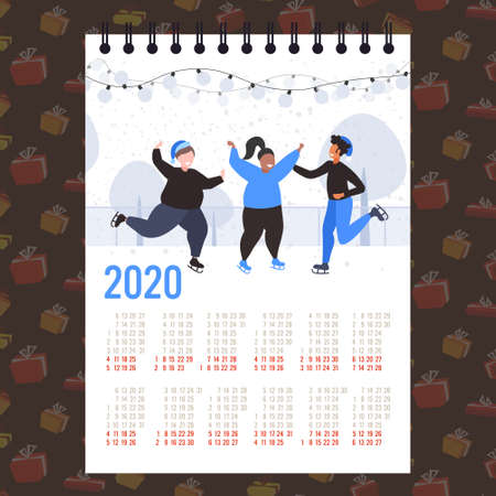 moon 2020 calendar people skating on ice rink winter sport activity merry christmas happy new year winter holidays celebration concept vector illustrationのイラスト素材