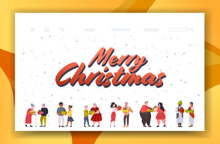 mix race couples giving gift present boxes to each other merry christmas happy new year winter holidays celebration concept greeting card full length horizontal vector illustrationのイラスト素材