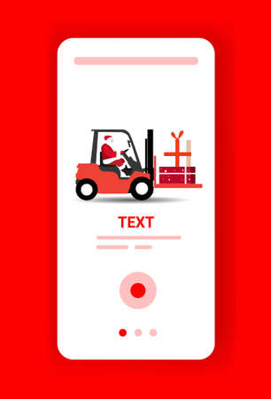 santa claus driving forklift truck loading gift present boxes delivery shipping concept merry christmas happy new year winter holidays celebration smartphone screen online mobile app vertical vector illustrationのイラスト素材