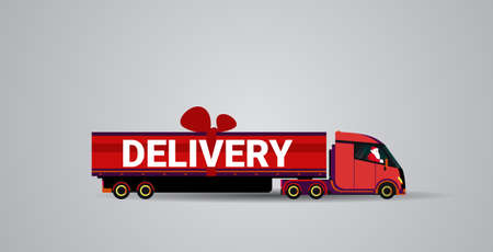 santa claus driving delivery semi truck with gift box container shipping transport for merry christmas happy new year winter holidays celebration concept horizontal vector illustrationのイラスト素材