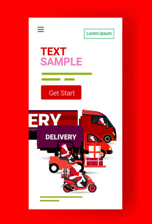 santa claus driving different transportation delivery vehicles for merry christmas happy new year winter holidays celebration cargo transport concept full length vertical copy space vector illustrationのイラスト素材